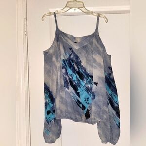 Madison Paige Womens Sheer Blue Open Shoulder Blouse Size Large